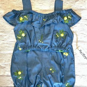 Girls Denim & Embroidery Summer Two-Piece Set